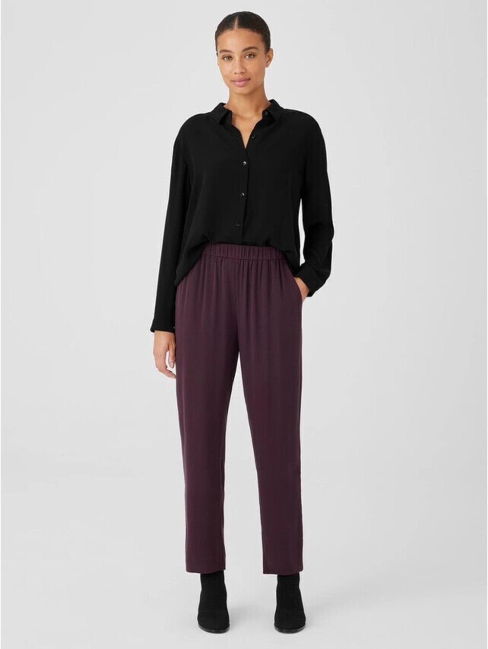 Eileen Fisher Cassis Silk Georgette Crepe Tapered Pant Size Large